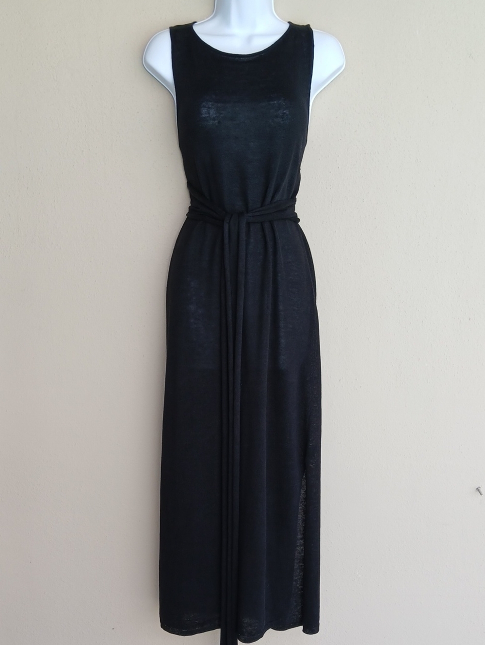 Theory Linen Blend Wrap Waist Knit Dress Midi Tie Waist Sleeveless Dantine Black